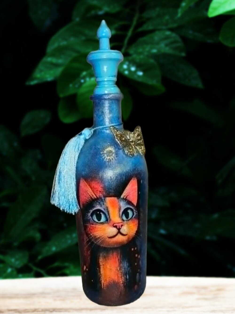 Whimsical Cat Decoupage Bottle | Blue Gold Home Accent